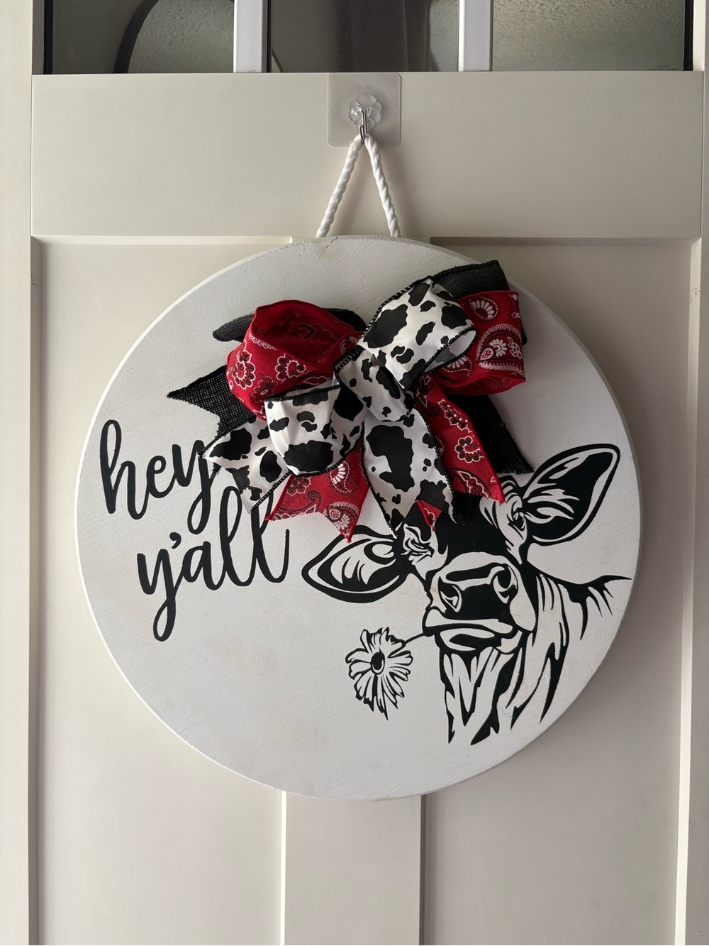 Handmade Hey Y'all Wood Cow Sign with Red & Black Bow 18 inch Door Hanger Decor